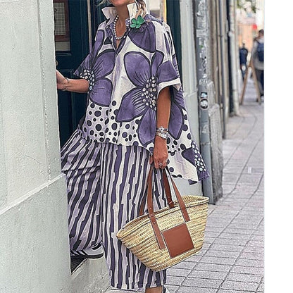Ensemble Femme Haut Botanique et Pantalon Rayé Coupe Droite