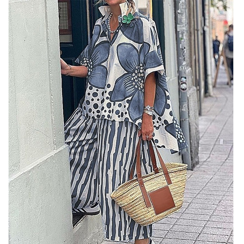 Ensemble Femme Haut Botanique et Pantalon Rayé Coupe Droite