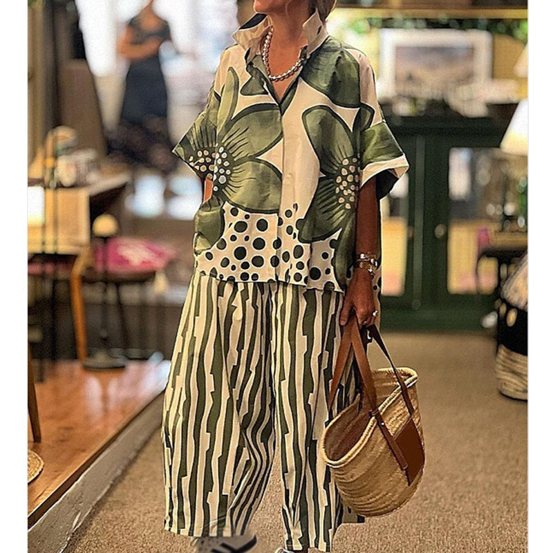 Ensemble Femme Haut Botanique et Pantalon Rayé Coupe Droite