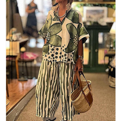 Ensemble Femme Haut Botanique et Pantalon Rayé Coupe Droite