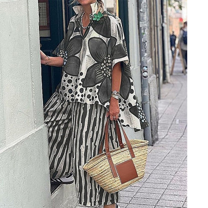 Ensemble Femme Haut Botanique et Pantalon Rayé Coupe Droite