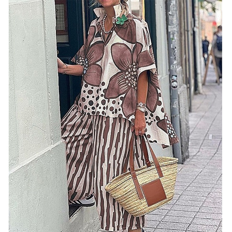 Ensemble Femme Haut Botanique et Pantalon Rayé Coupe Droite