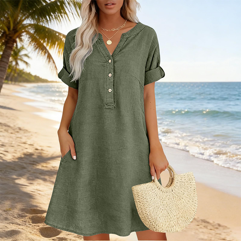 Robe tunique Femme Coton Col en V Boutonné Poches