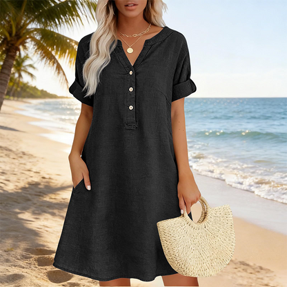 Robe tunique Femme Coton Col en V Boutonné Poches
