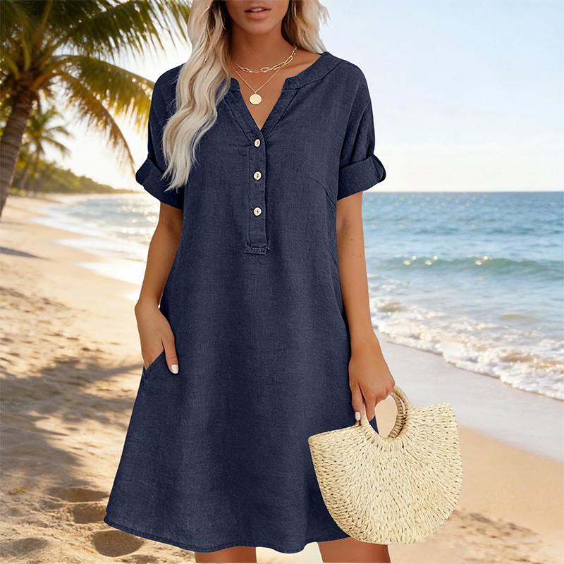 Robe tunique Femme Coton Col en V Boutonné Poches