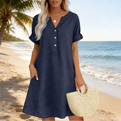 Robe tunique Femme Coton Col en V Boutonné Poches