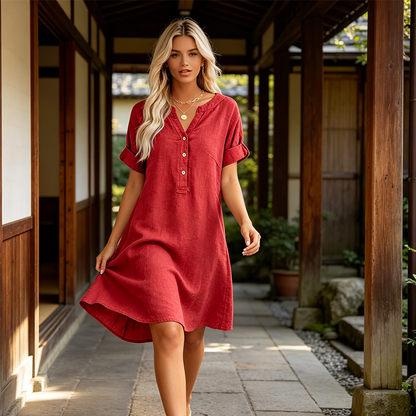 Robe tunique Femme Coton Col en V Boutonné Poches - PanierRoyale