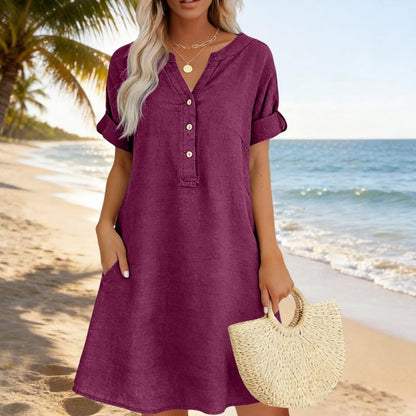 Robe tunique Femme Coton Col en V Boutonné Poches