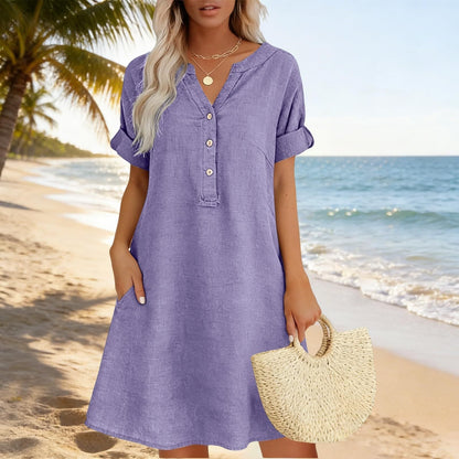 Robe tunique Femme Coton Col en V Boutonné Poches