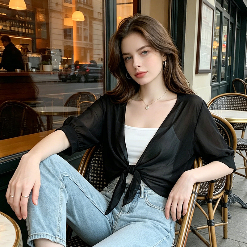 Haut Femme Chiffon Transparent Noeud Devant
