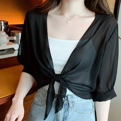Haut Femme Chiffon Transparent Noeud Devant