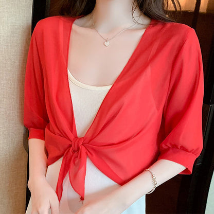 Haut Femme Chiffon Transparent Noeud Devant