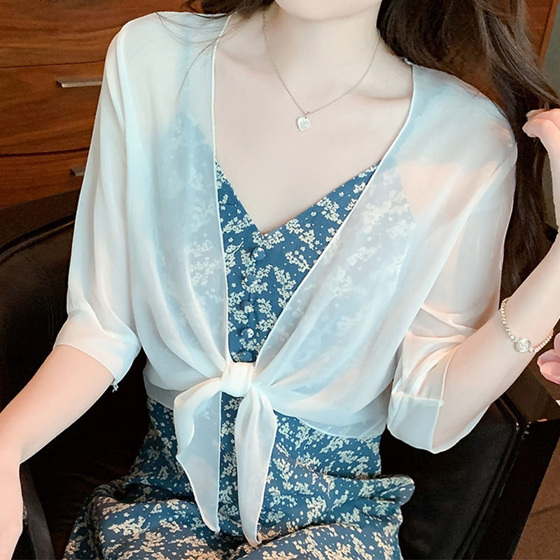 Haut Femme Chiffon Transparent Noeud Devant