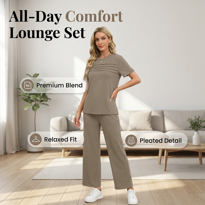 Ensemble Femme Pantalon Large et Haut Manches Courtes Décontracté