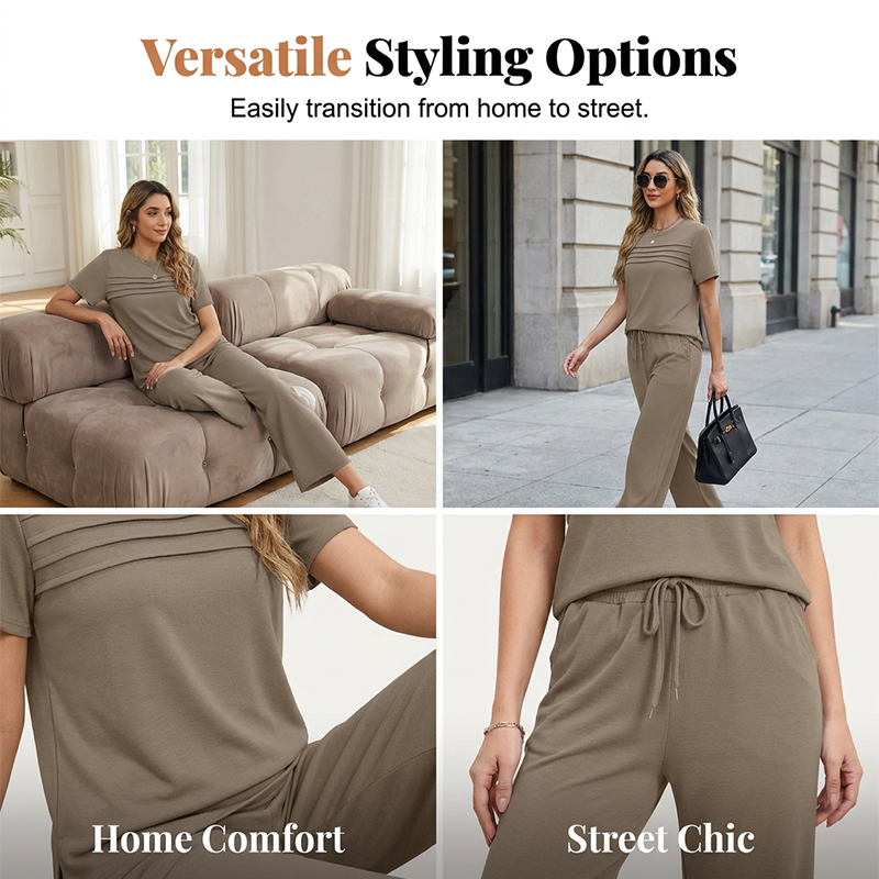 Ensemble Femme Pantalon Large et Haut Manches Courtes Décontracté