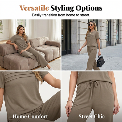 Ensemble Femme Pantalon Large et Haut Manches Courtes Décontracté