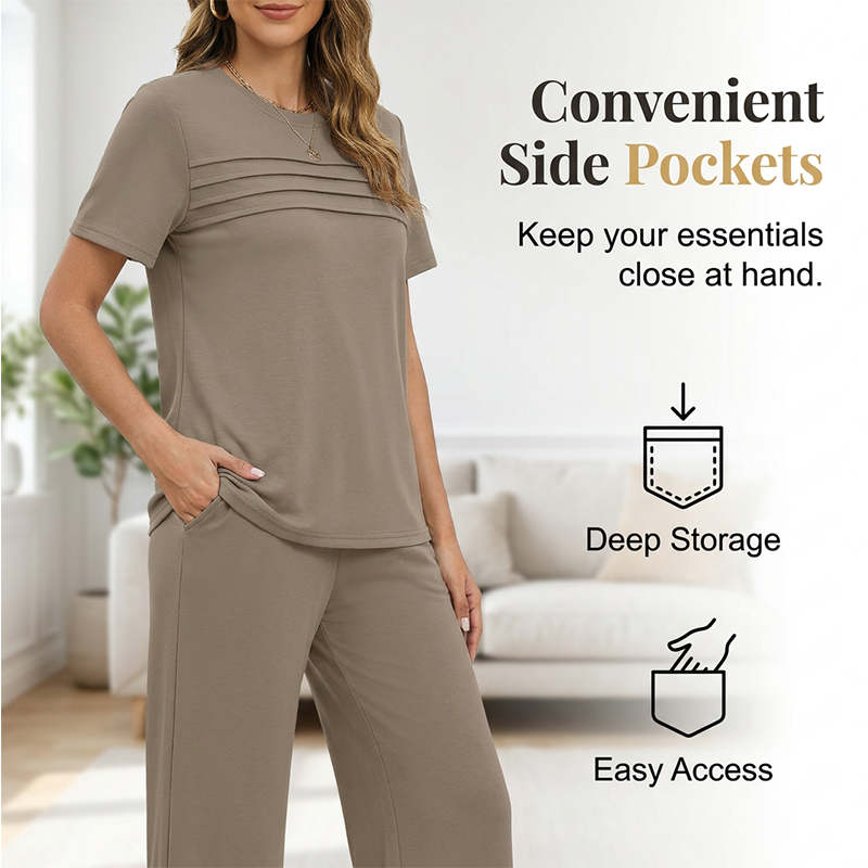 Ensemble Femme Pantalon Large et Haut Manches Courtes Décontracté