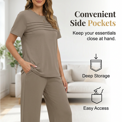 Ensemble Femme Pantalon Large et Haut Manches Courtes Décontracté