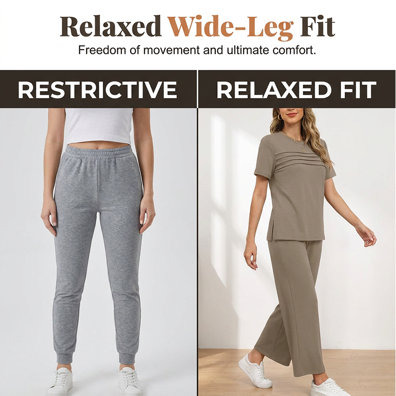 Ensemble Femme Pantalon Large et Haut Manches Courtes Décontracté