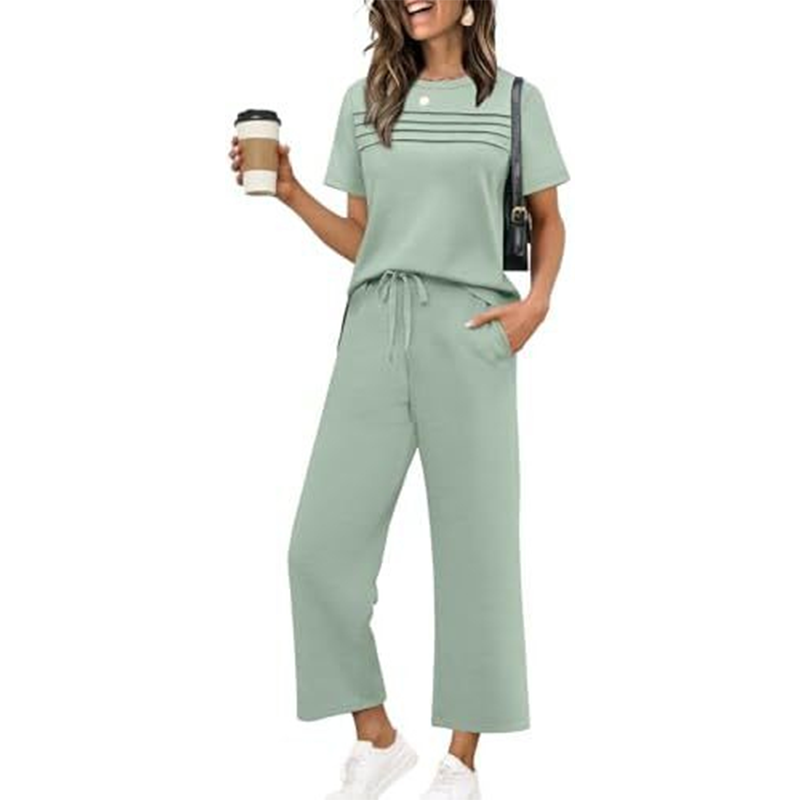 Ensemble Femme Pantalon Large et Haut Manches Courtes Décontracté
