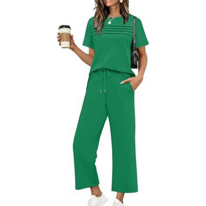 Ensemble Femme Pantalon Large et Haut Manches Courtes Décontracté