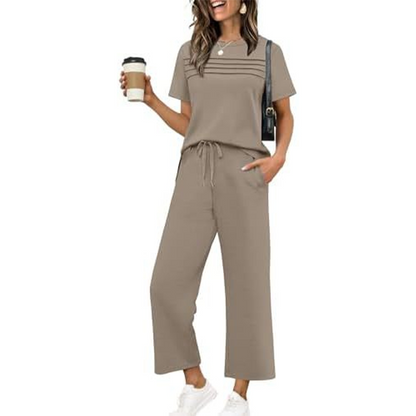 Ensemble Femme Pantalon Large et Haut Manches Courtes Décontracté