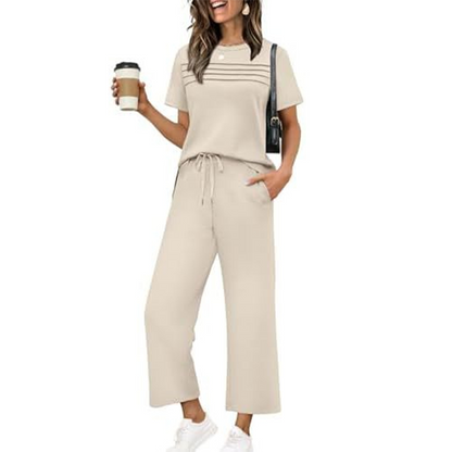 Ensemble Femme Pantalon Large et Haut Manches Courtes Décontracté