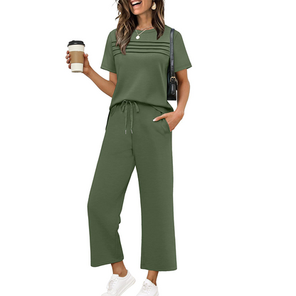 Ensemble Femme Pantalon Large et Haut Manches Courtes Décontracté