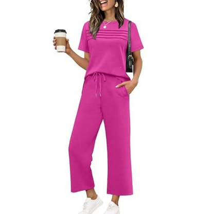 Ensemble Femme Pantalon Large et Haut Manches Courtes Décontracté
