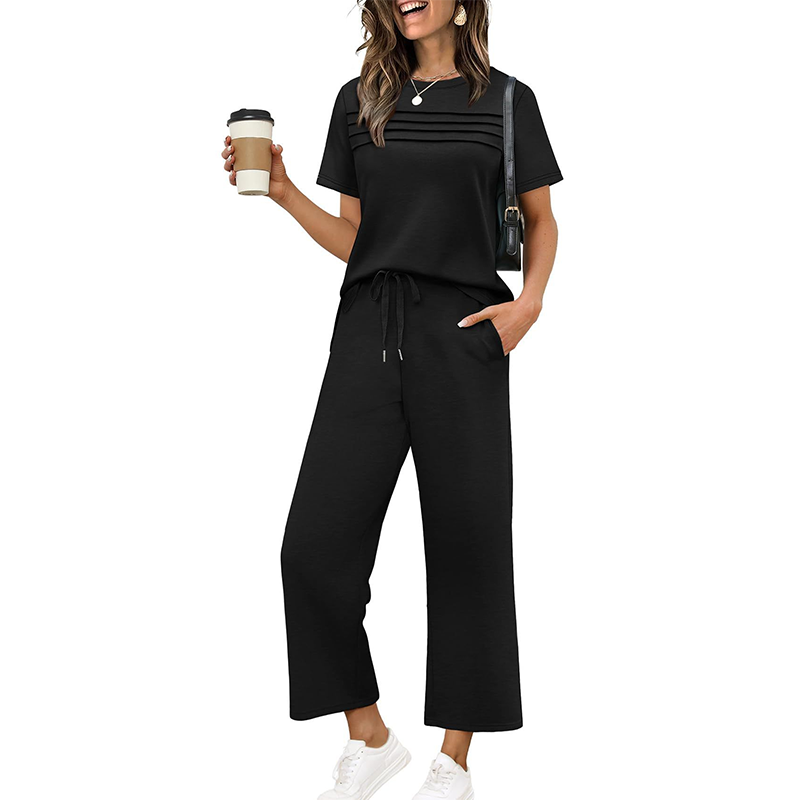 Ensemble Femme Pantalon Large et Haut Manches Courtes Décontracté