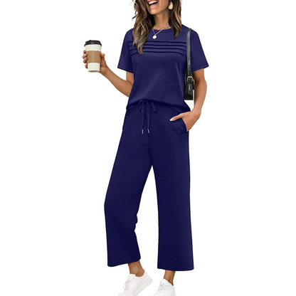 Ensemble Femme Pantalon Large et Haut Manches Courtes Décontracté