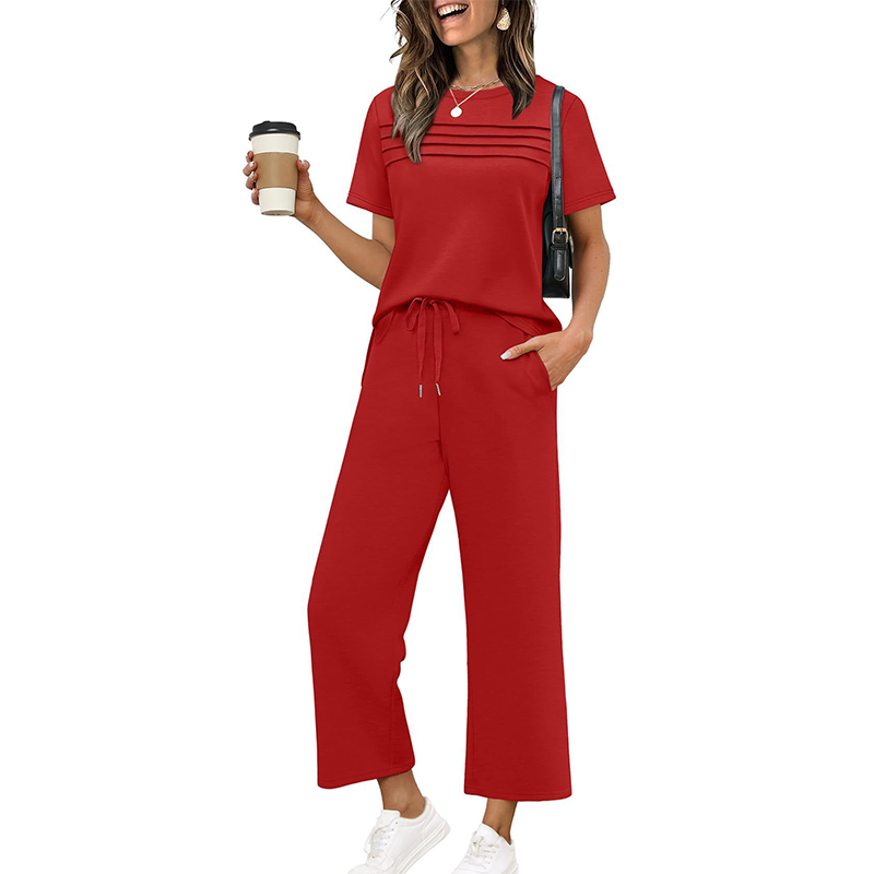 Ensemble Femme Pantalon Large et Haut Manches Courtes Décontracté