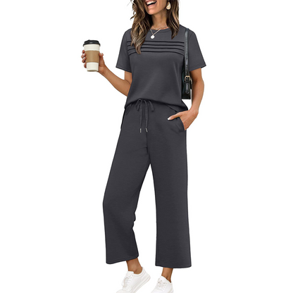 Ensemble Femme Pantalon Large et Haut Manches Courtes Décontracté