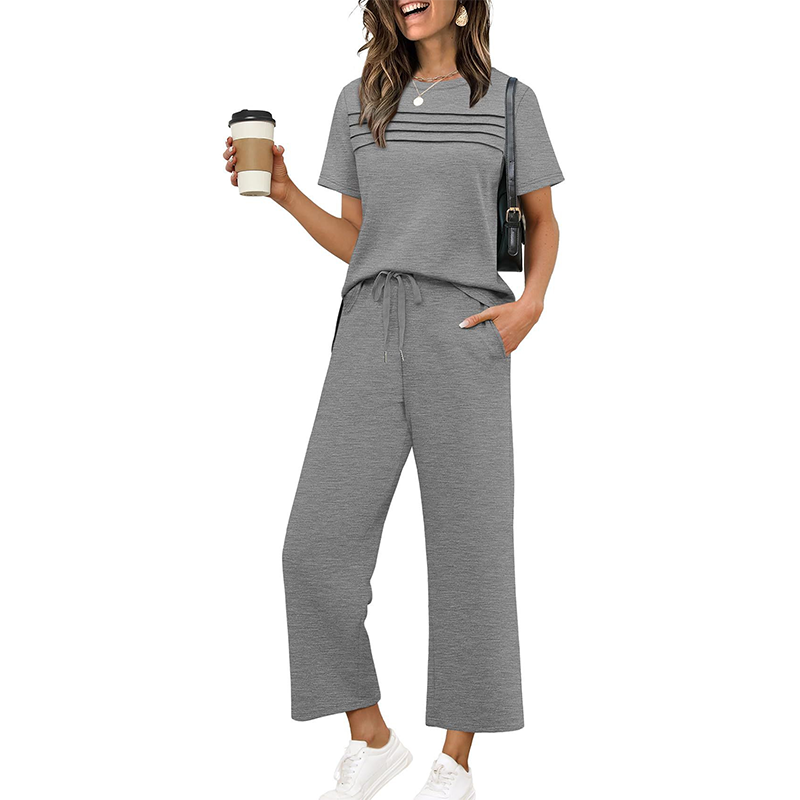 Ensemble Femme Pantalon Large et Haut Manches Courtes Décontracté