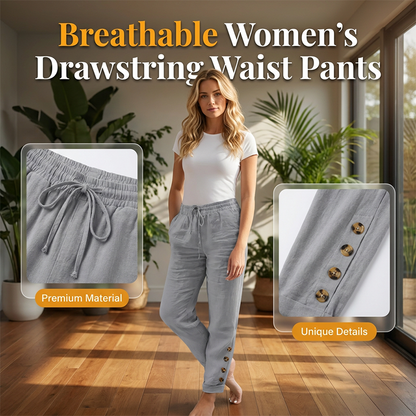 Pantalon Femme Coton Léger Taille Élastique Boutons Décoratifs