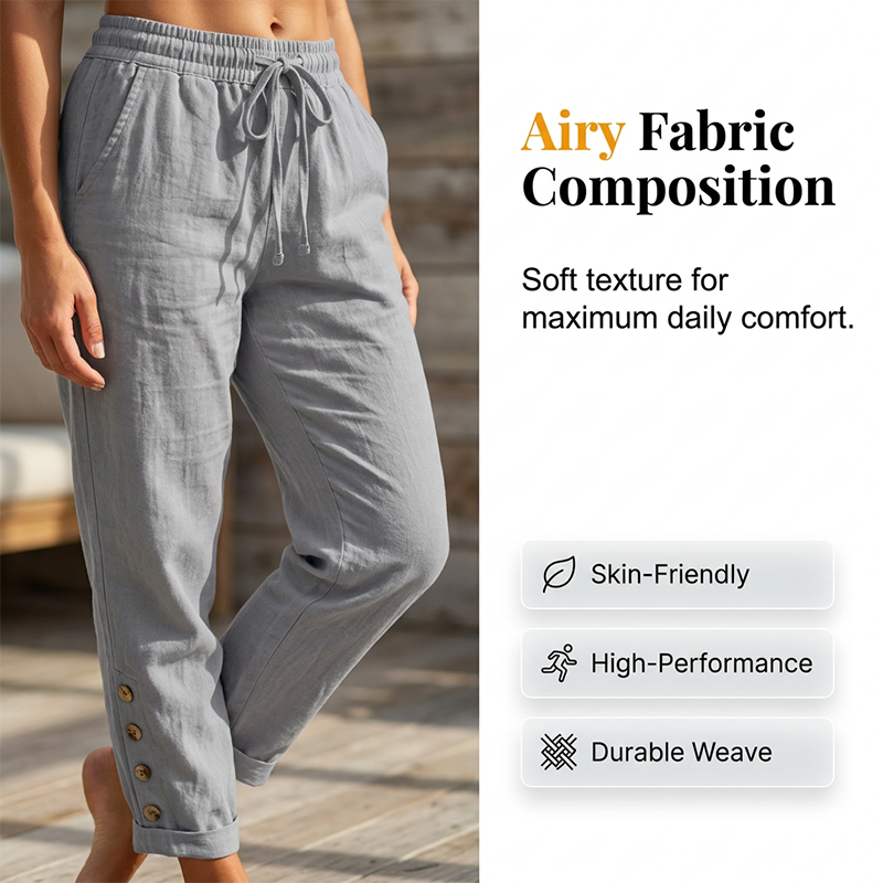 Pantalon Femme Coton Léger Taille Élastique Boutons Décoratifs