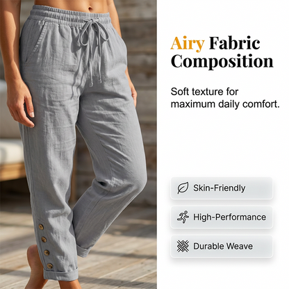 Pantalon Femme Coton Léger Taille Élastique Boutons Décoratifs