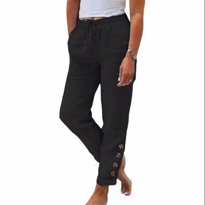 Pantalon Femme Coton Léger Taille Élastique Boutons Décoratifs