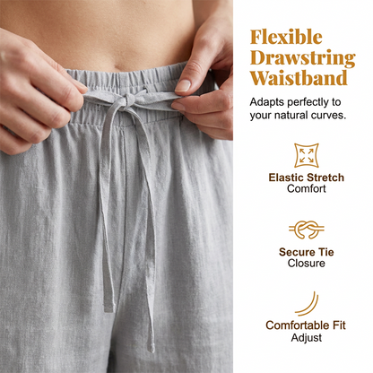 Pantalon Femme Coton Léger Taille Élastique Boutons Décoratifs