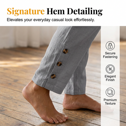 Pantalon Femme Coton Léger Taille Élastique Boutons Décoratifs