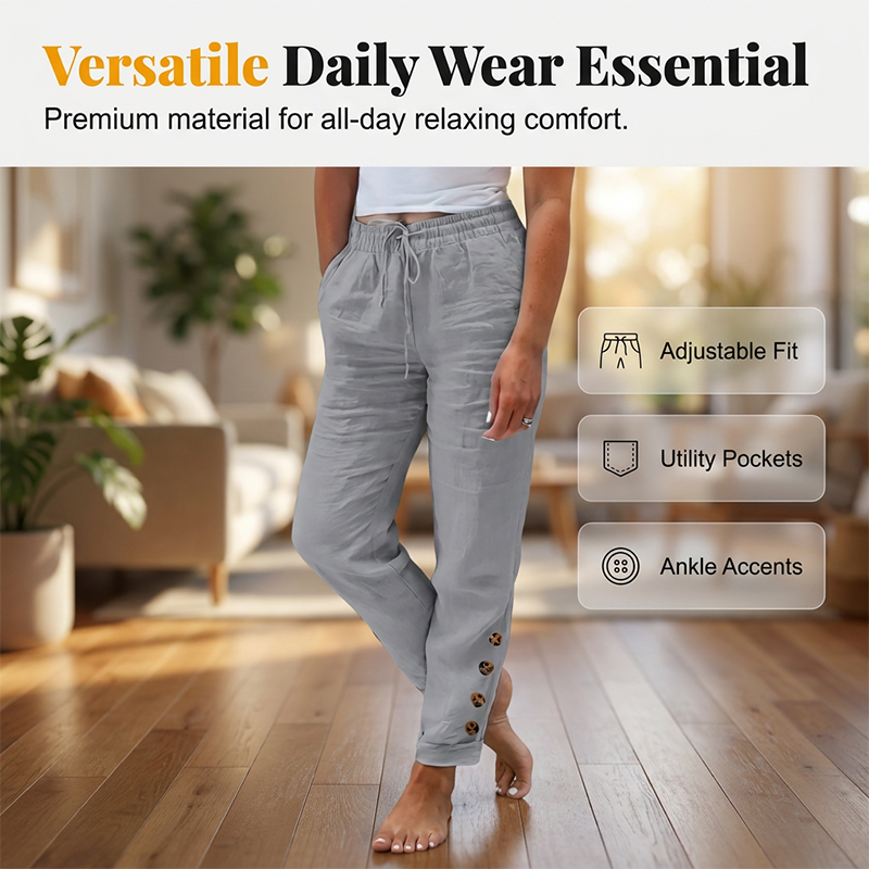 Pantalon Femme Coton Léger Taille Élastique Boutons Décoratifs
