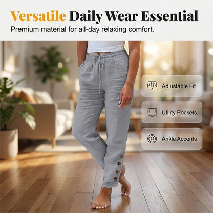 Pantalon Femme Coton Léger Taille Élastique Boutons Décoratifs