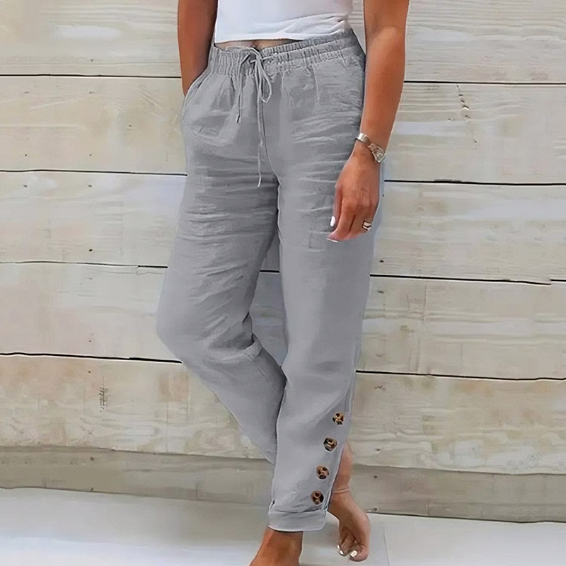 Pantalon Femme Coton Léger Taille Élastique Boutons Décoratifs