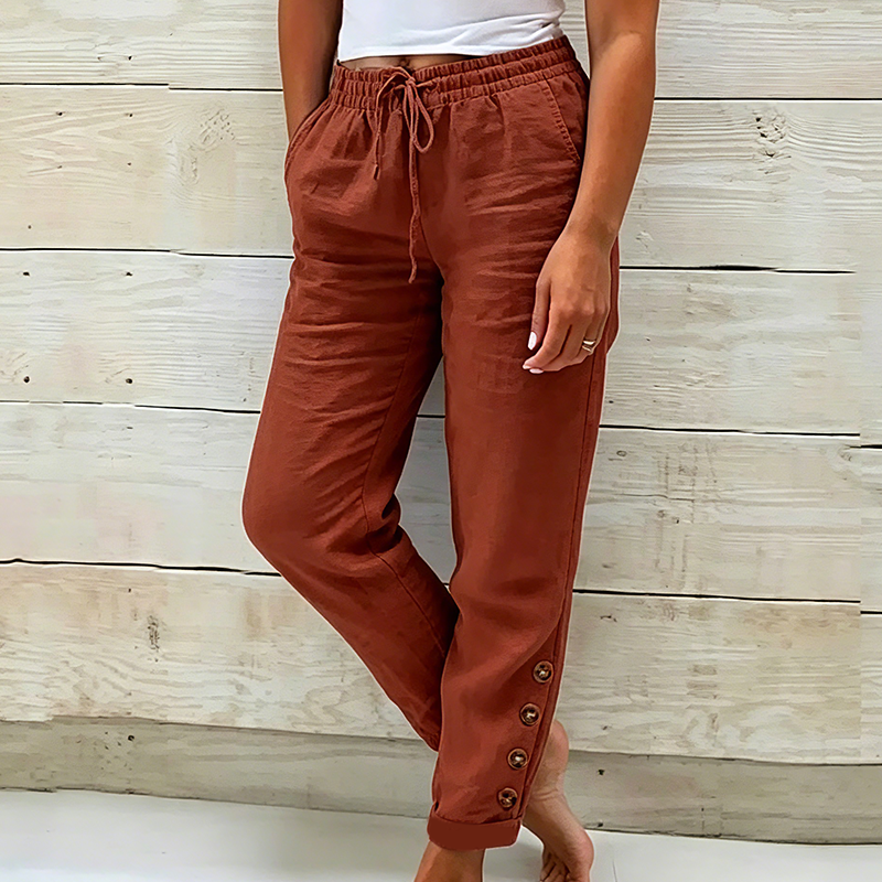 Pantalon Femme Coton Léger Taille Élastique Boutons Décoratifs