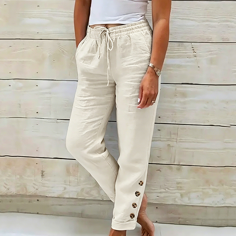 Pantalon Femme Coton Léger Taille Élastique Boutons Décoratifs