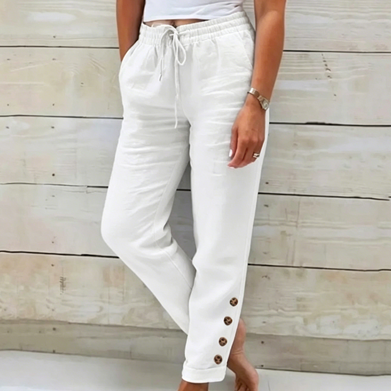 Pantalon Femme Coton Léger Taille Élastique Boutons Décoratifs