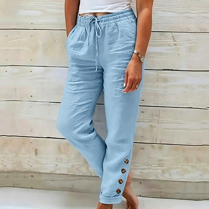 Pantalon Femme Coton Léger Taille Élastique Boutons Décoratifs