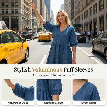 Robe Femme Denim Léger Col en V Coupe Fluide