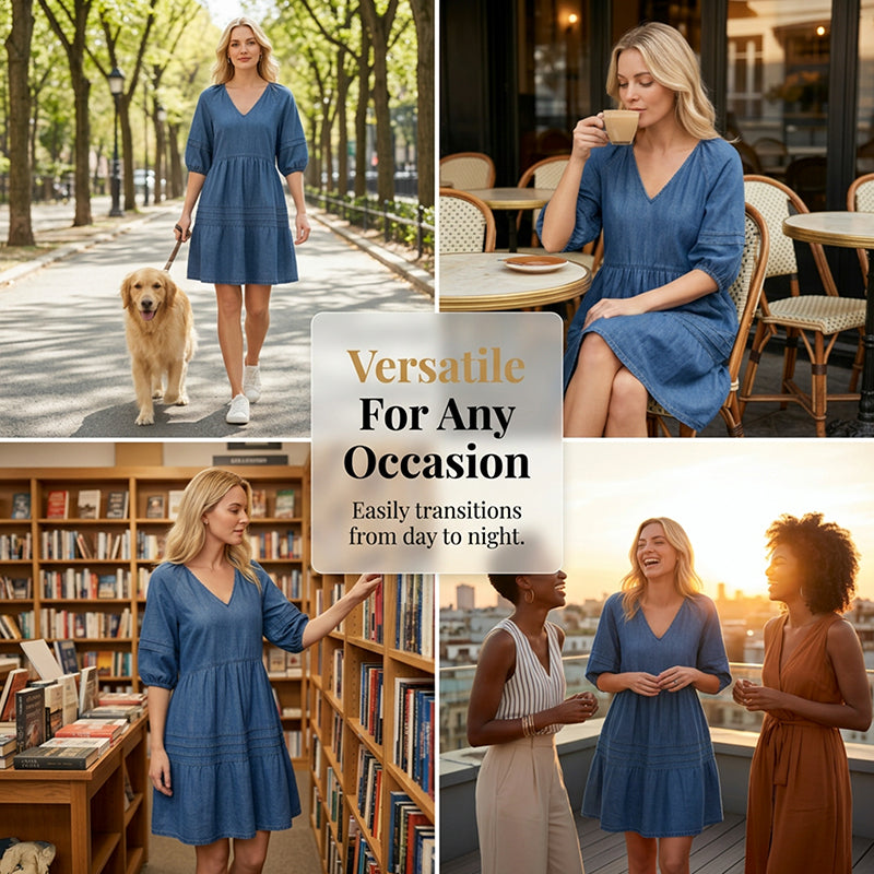 Robe Femme Denim Léger Col en V Coupe Fluide
