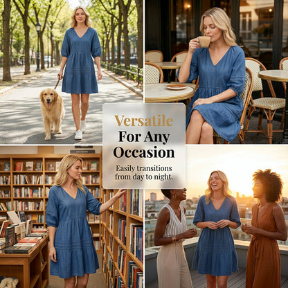 Robe Femme Denim Léger Col en V Coupe Fluide